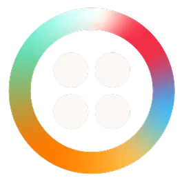 Multicolored circular icon with four white dots in the center.