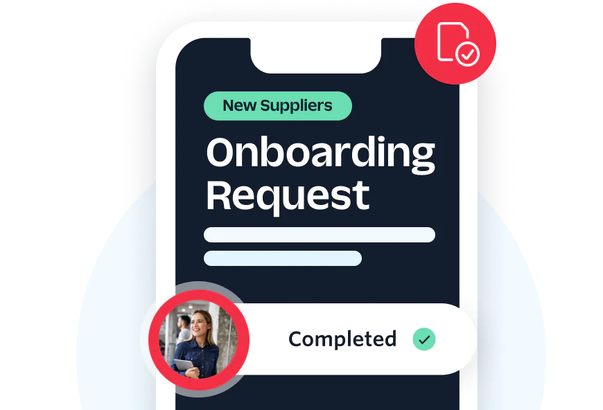 Phone screen displaying Onboarding Request with a completed status and profile picture.