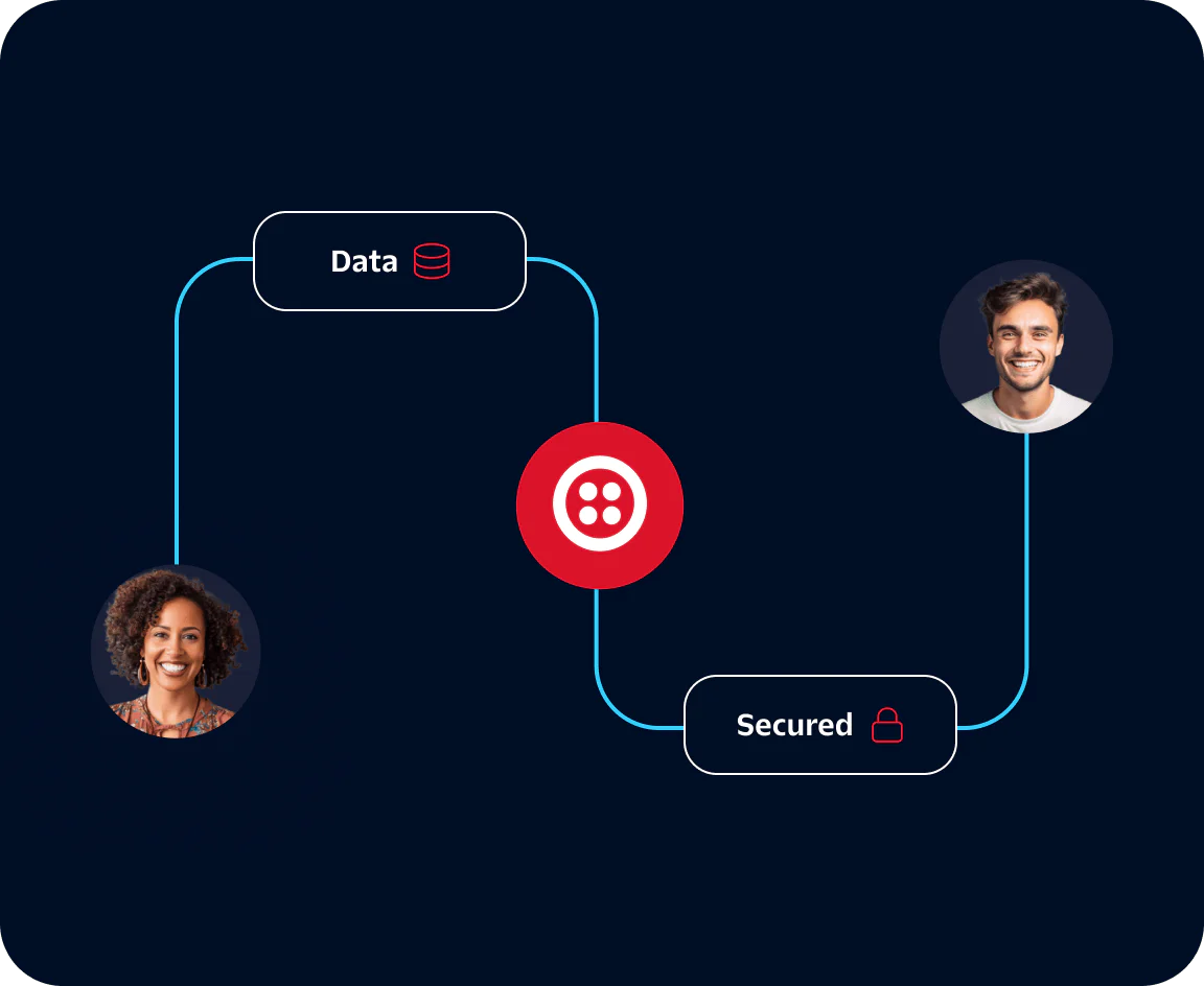 Secure Data Flow Visualization A diagram showing data flowing securely between two people with icons representing data and security.