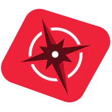 Red and white compass star icon inside a square red background, tilted to the right