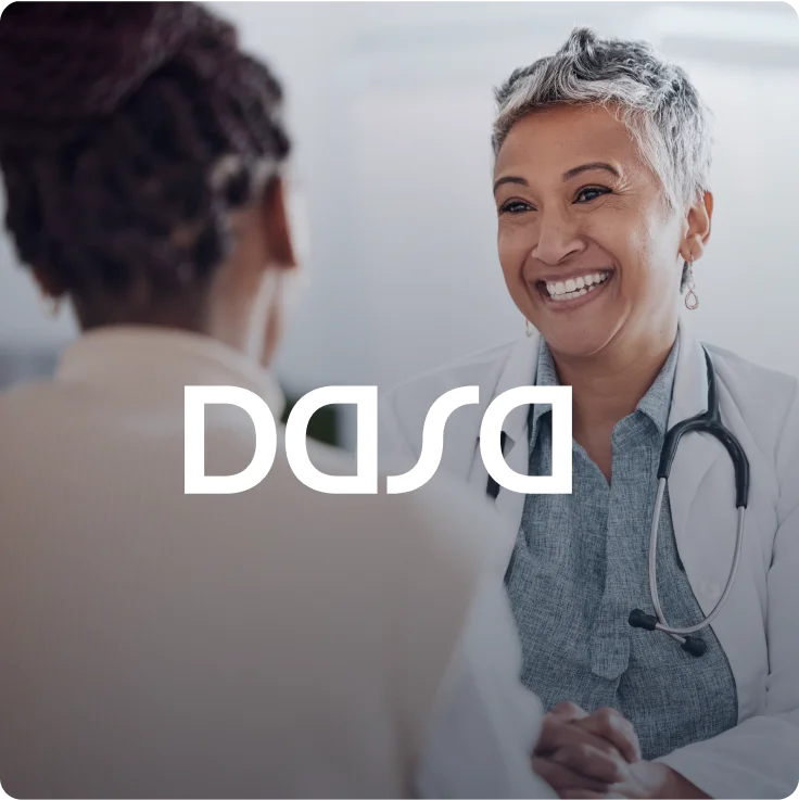 Dasa Logo Card with mature or doctor consulting a patient in meeting in hospital for healthcare help