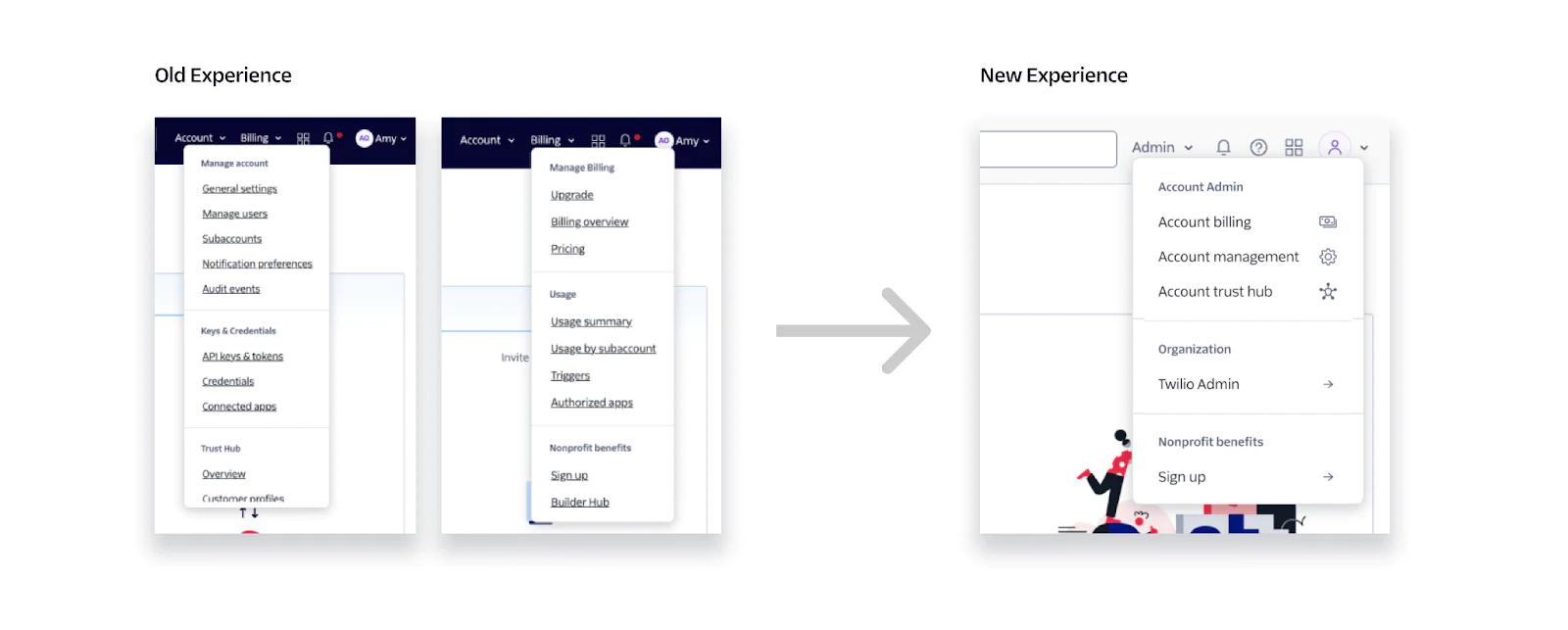 Side-by-side comparison of old and new user account interface designs with key differences highlighted.