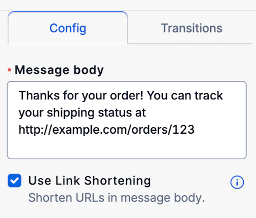 Enable link shortening in Twilio Studio Screenshot showing the Use Link Shortening option as it appears in Studio