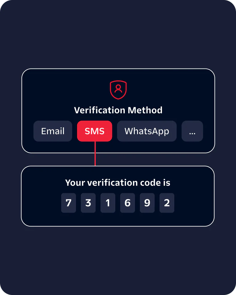 Verification screen showing options of Email, SMS, WhatsApp, and verification code 731692.