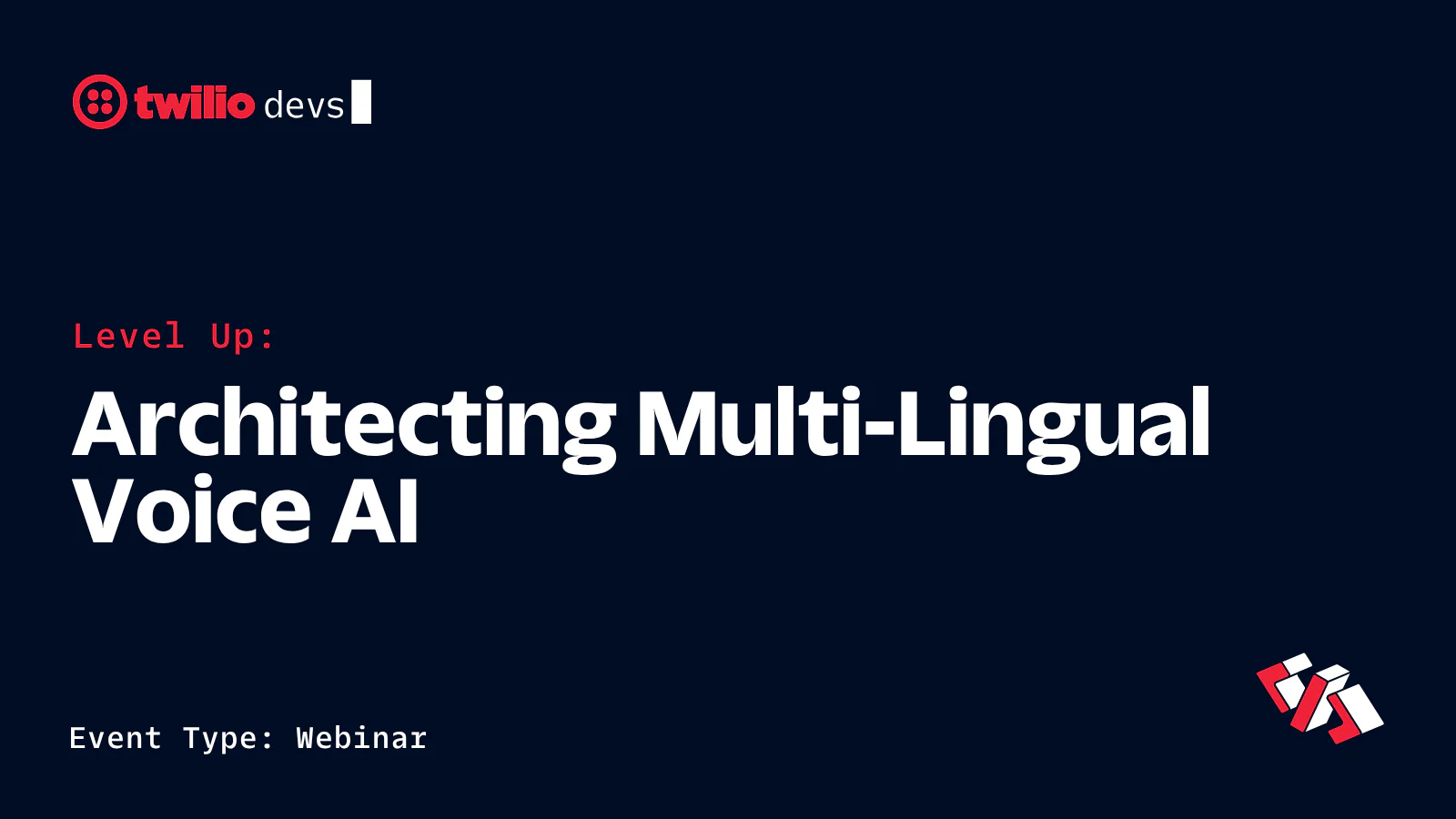 Twilio webinar poster about architecting multi-lingual voice AI with a dark blue background.