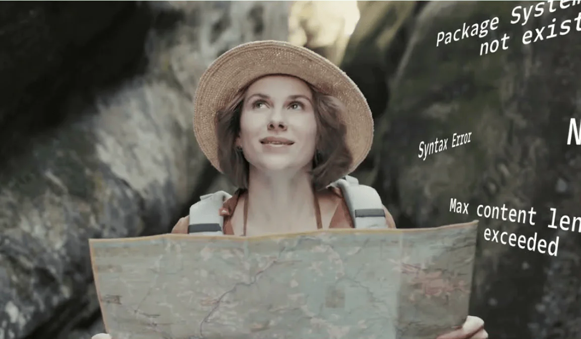Woman lost in nature holding a map A woman wearing a hat holds a map, looking hopeful despite error messages around her.