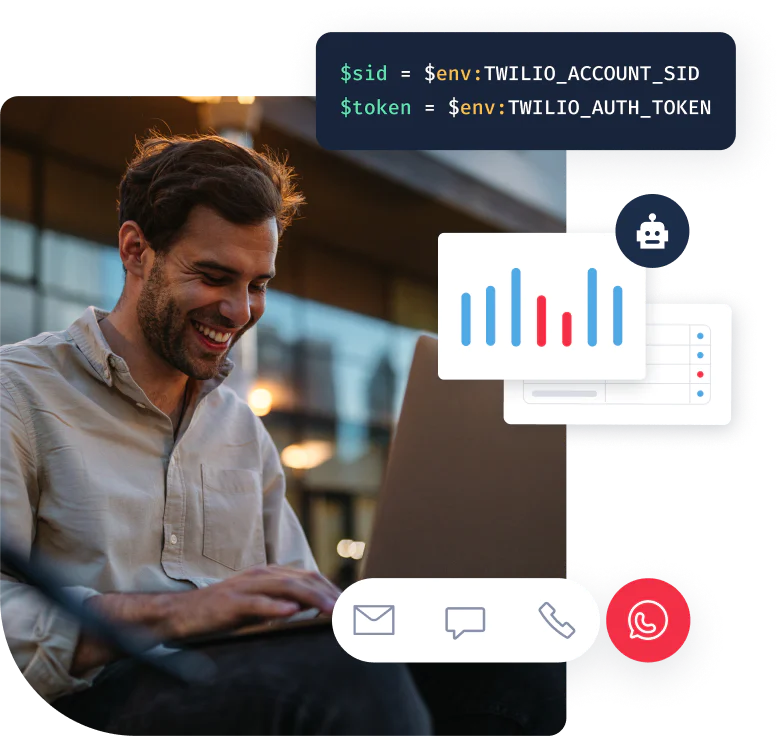 Man smiling at laptop with Twilio code and graphs on screen.