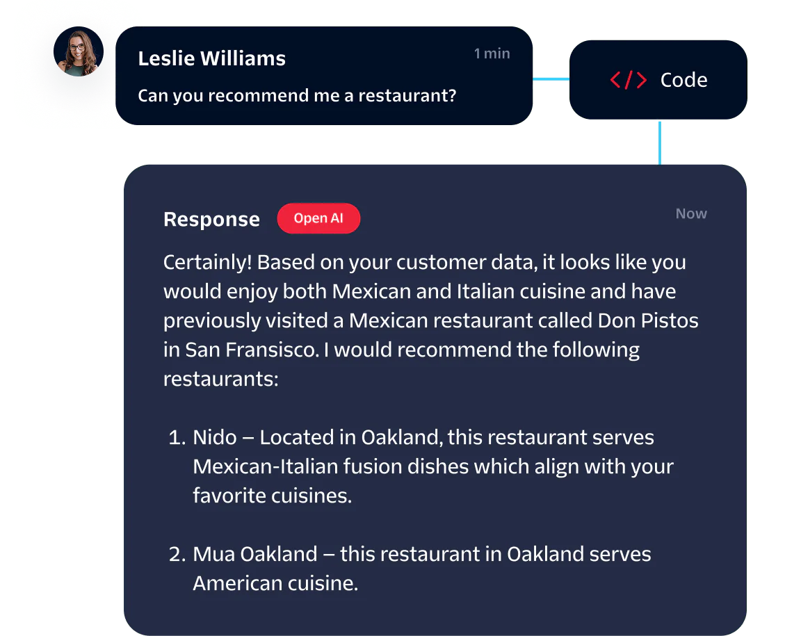 A customer named Leslie Williams asking for restaurant recommendations in a chat.