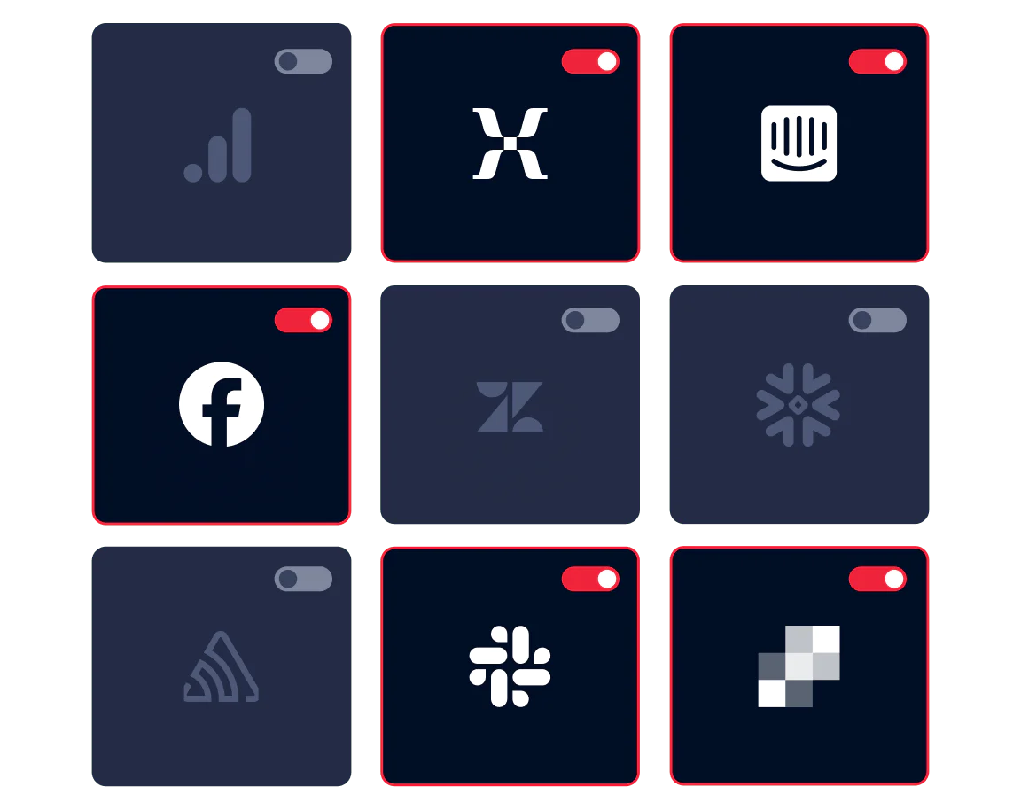 Interface showing nine toggle buttons for different web applications, half switched on and half switched off.