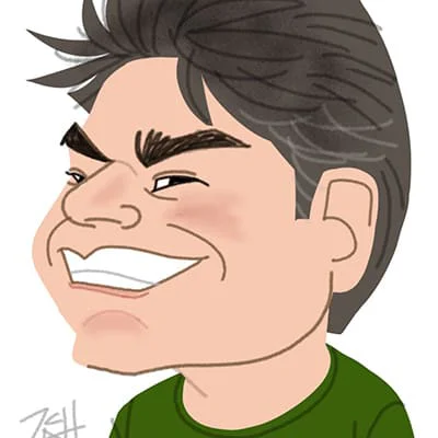 Cartoon caricature of a smiling man with dark hair and a green shirt.