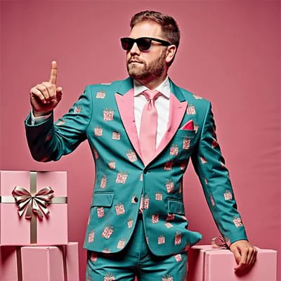 Man in a teal suit with gift patterns, wearing sunglasses, stands next to pink wrapped presents.