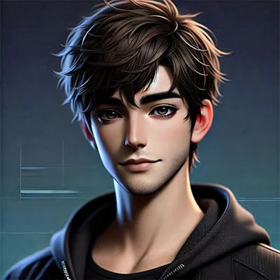 Animated young man with dark hair, wearing a black hoodie, against a dark gradient background.
