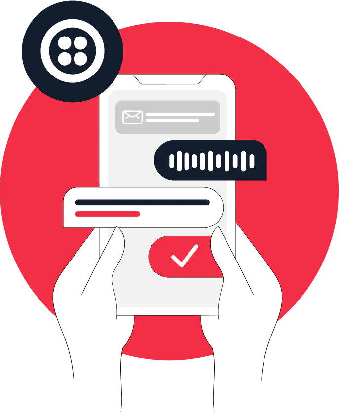 Illustration of hands holding a smartphone displaying messaging text bubbles and a checkmark icon.