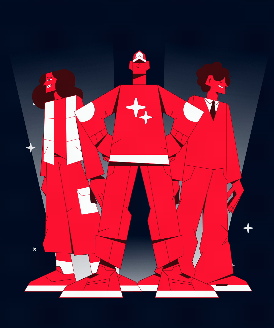 Three stylized characters in red outfits striking heroic poses.