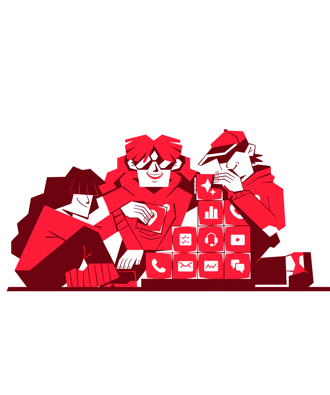 Three people in red clothing using digital tools and devices, surrounded by app icons.