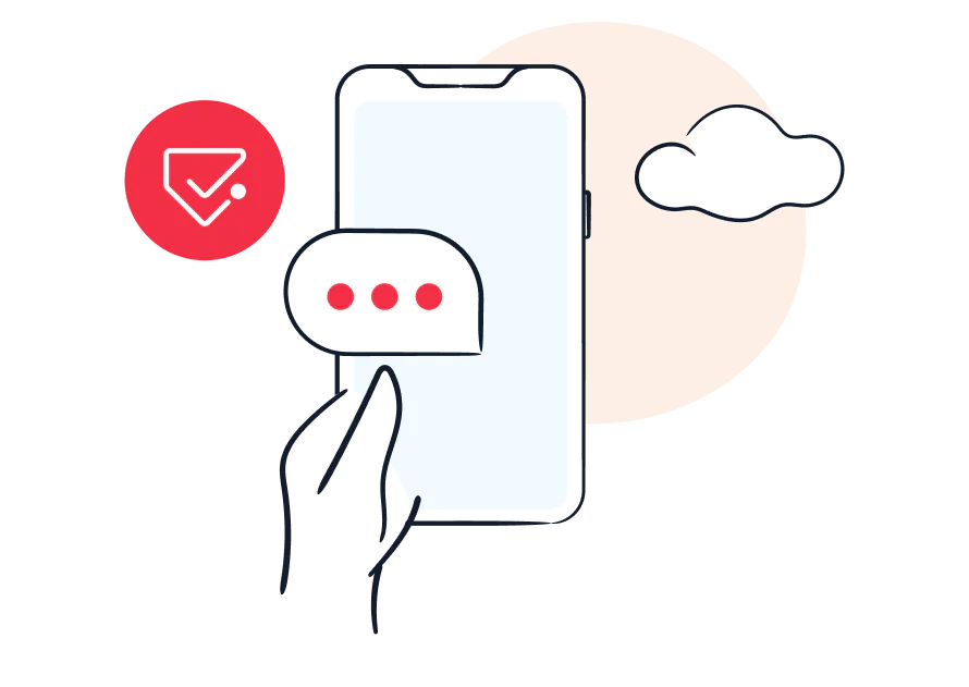 Hand holding a smartphone with a speech bubble and three dots, cloud, and checkmark icons.