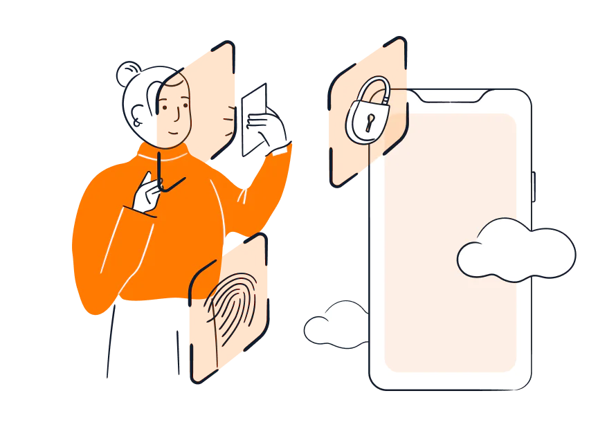 Illustration of a person using a smartphone with fingerprint and cloud security icons.