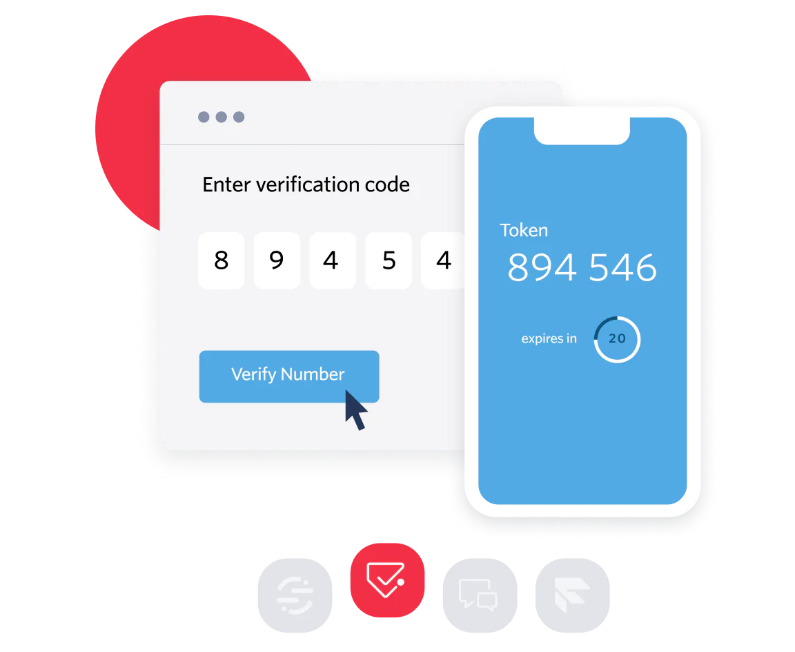 Illustration of a phone displaying a token code and an input screen for entering a verification code.