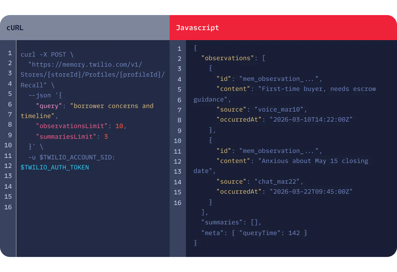 Side-by-side comparison of cURL and JavaScript code snippets for making API calls to Twilio.