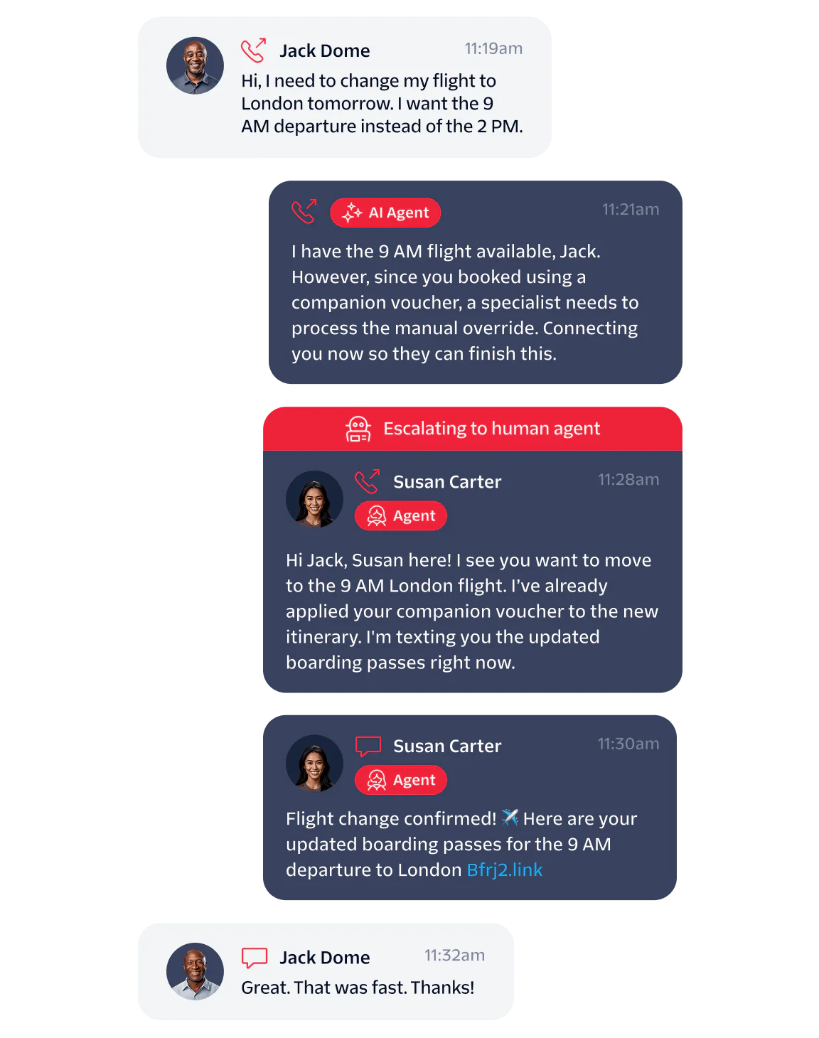Chat conversation between Jack and Susan about changing a flight time using a companion voucher.