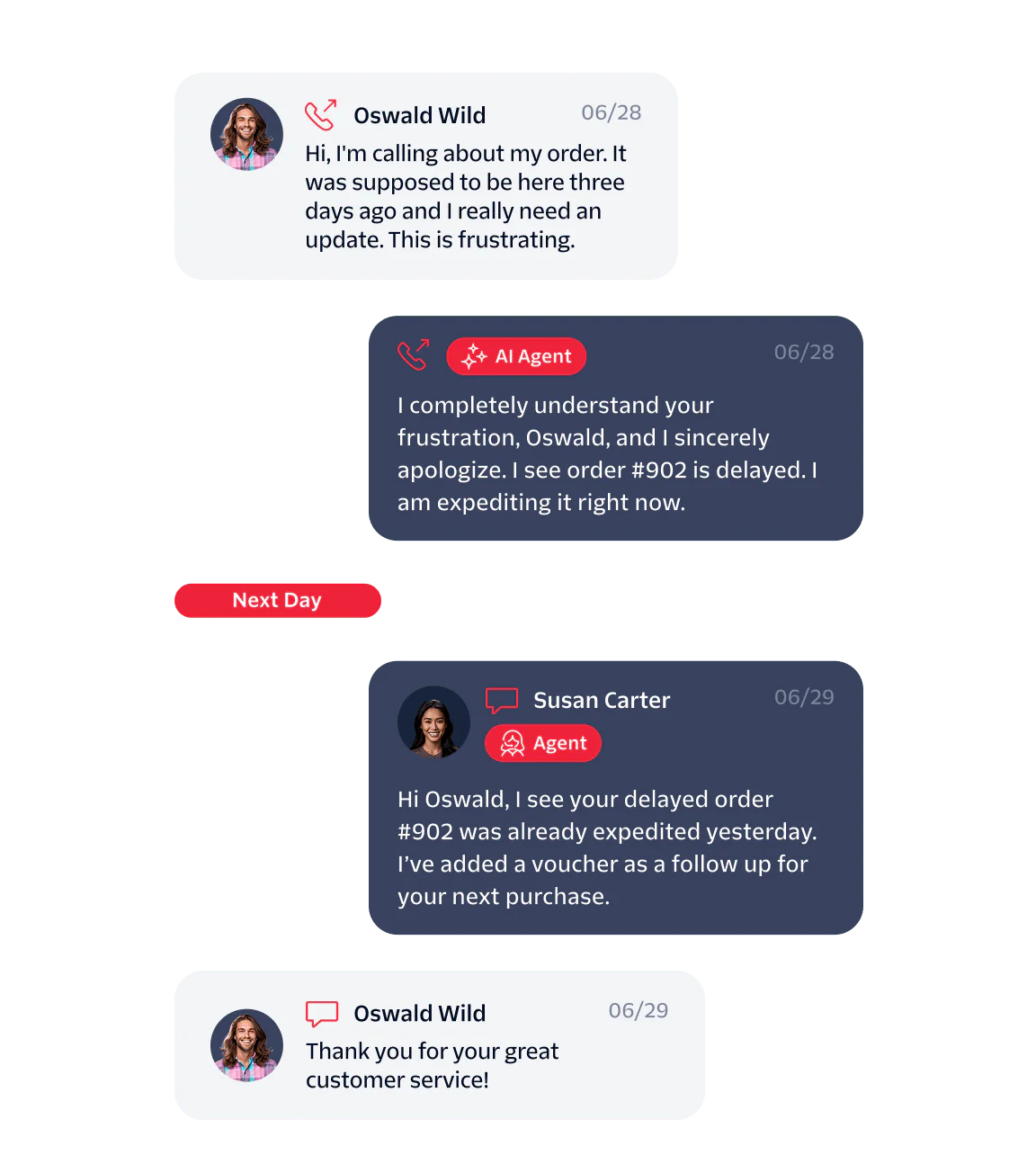 A customer chat conversation with AI and human agents resolving a delayed order.