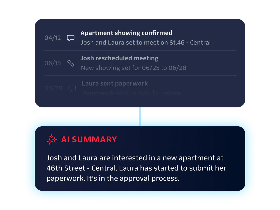 Timeline of Josh and Laura's apartment search with key updates and an AI-generated summary.
