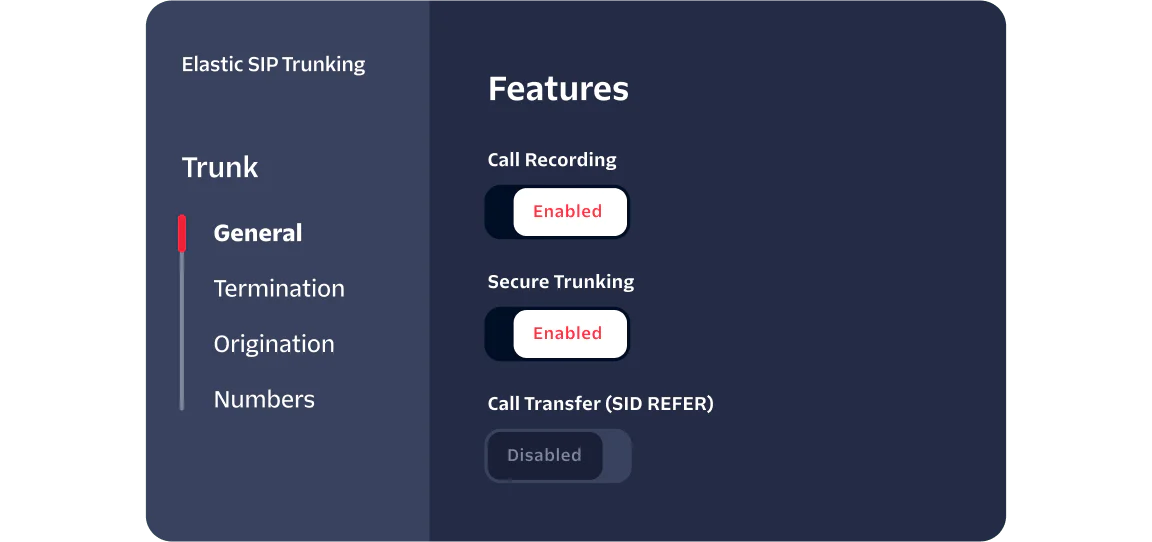 Dashboard displaying SIP trunking options with call recording and secure trunking enabled, and call transfer disabled.