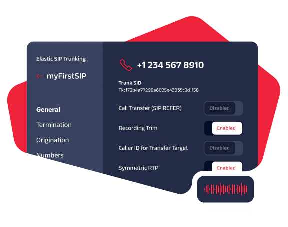 UI showing details of a SIP trunk configuration, with options for call transfer, recording, and symmetric RTP.