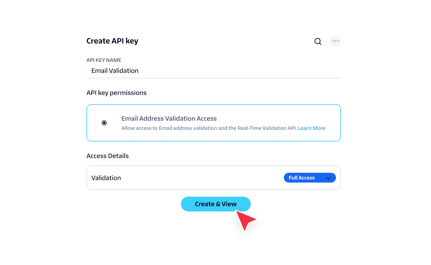 Interface for generating an API key with email validation permissions and access settings.