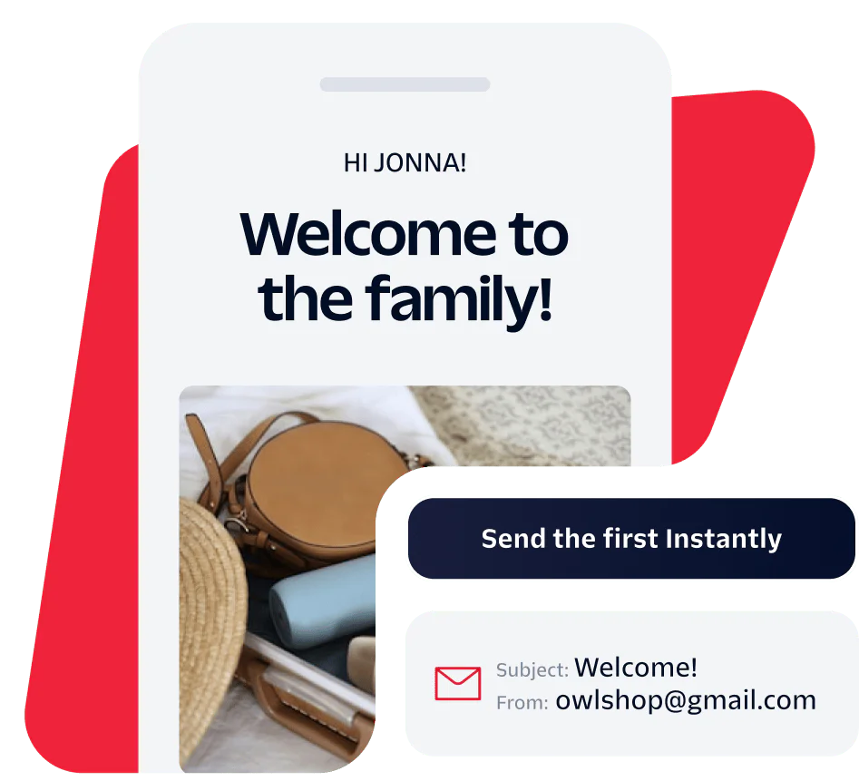 Email welcoming Jonna with a message and a button to send an email from owlshop@gmail.com.