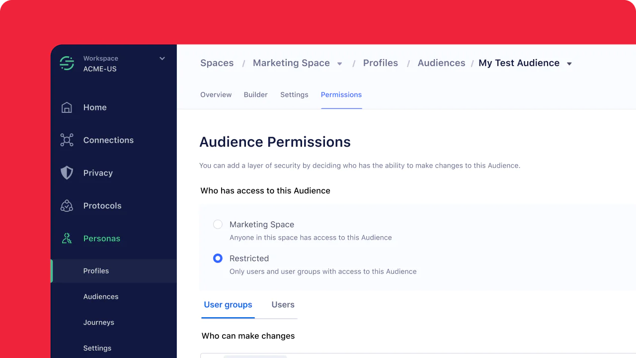 Web interface showing audience permissions settings for accessing and editing a marketing space.