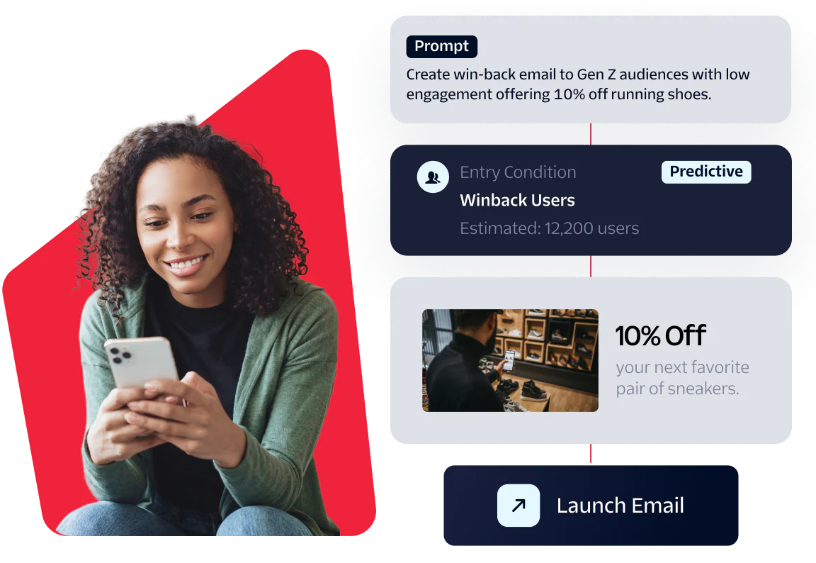 Email Campaign to Re-engage Gen Z with 10% Discount on Sneakers Woman looking at phone with prompt and promotional email components.