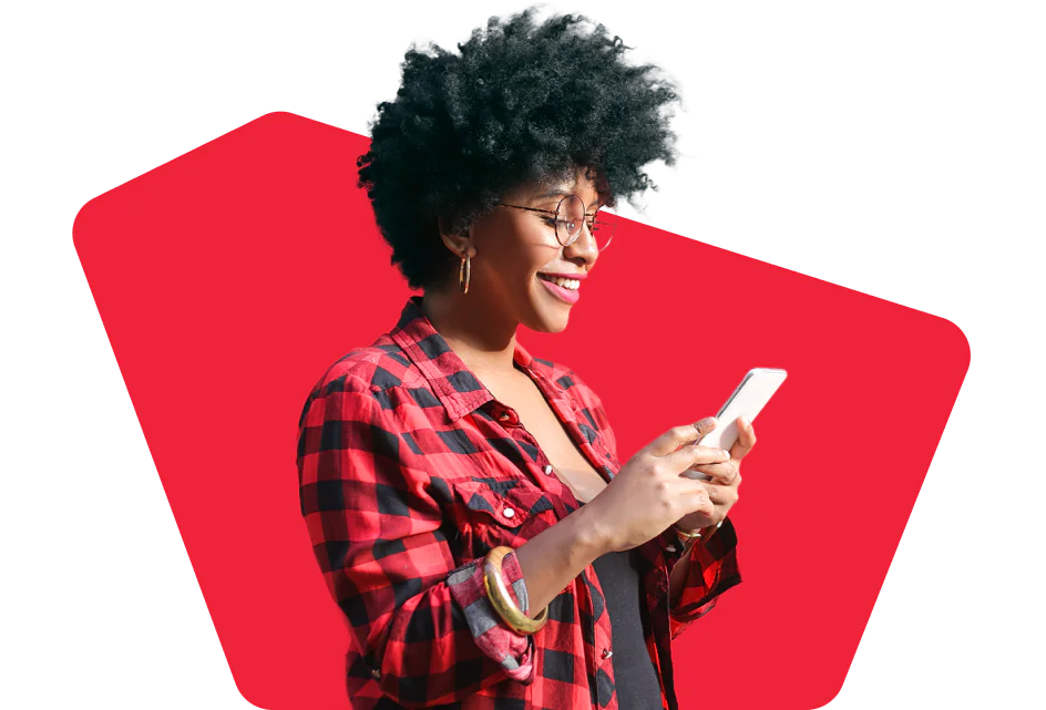 Transparent Checkered Pattern Woman in a red plaid shirt smiling and using a smartphone