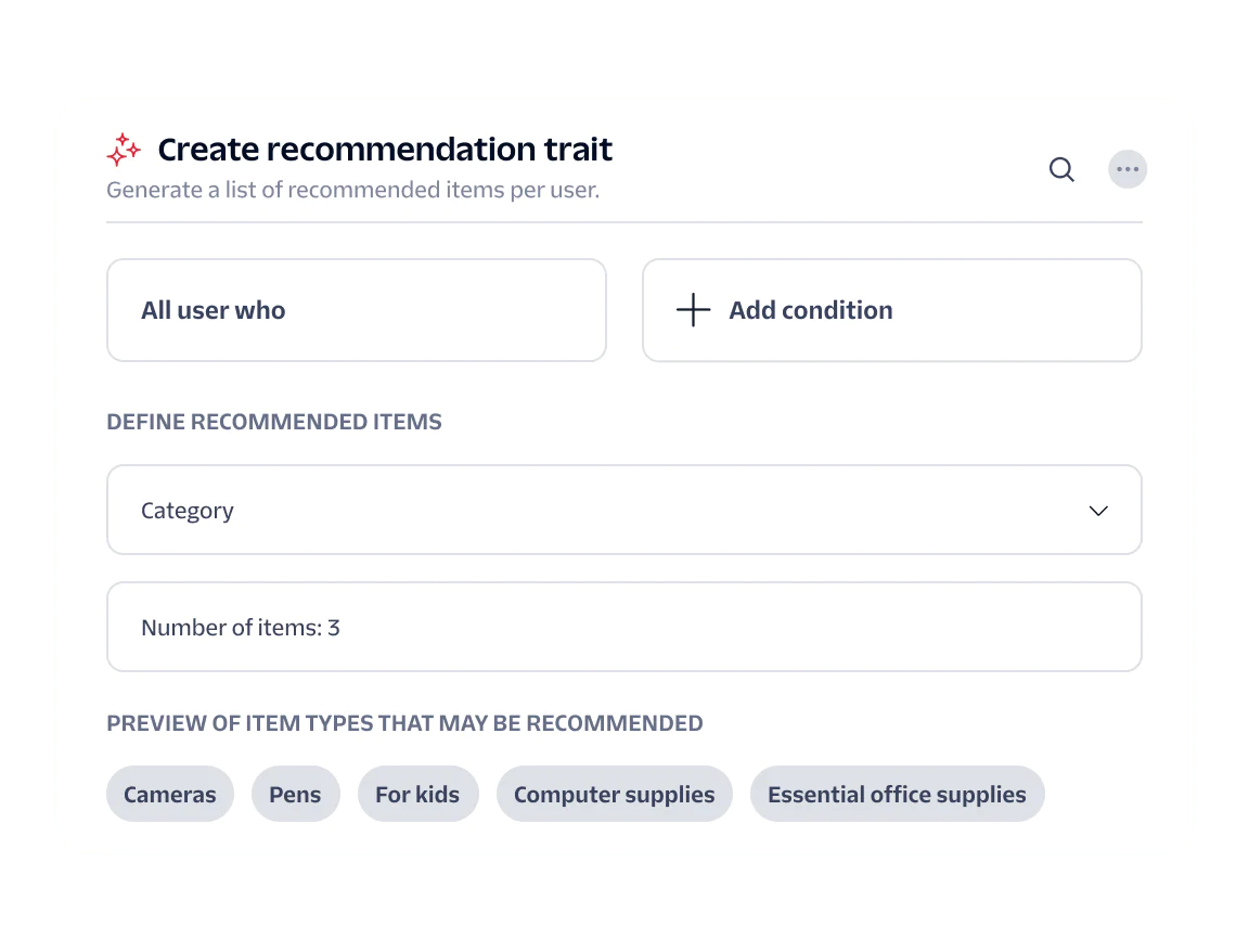 Interface for generating a list of recommended items with conditions for user attributes and item categories.