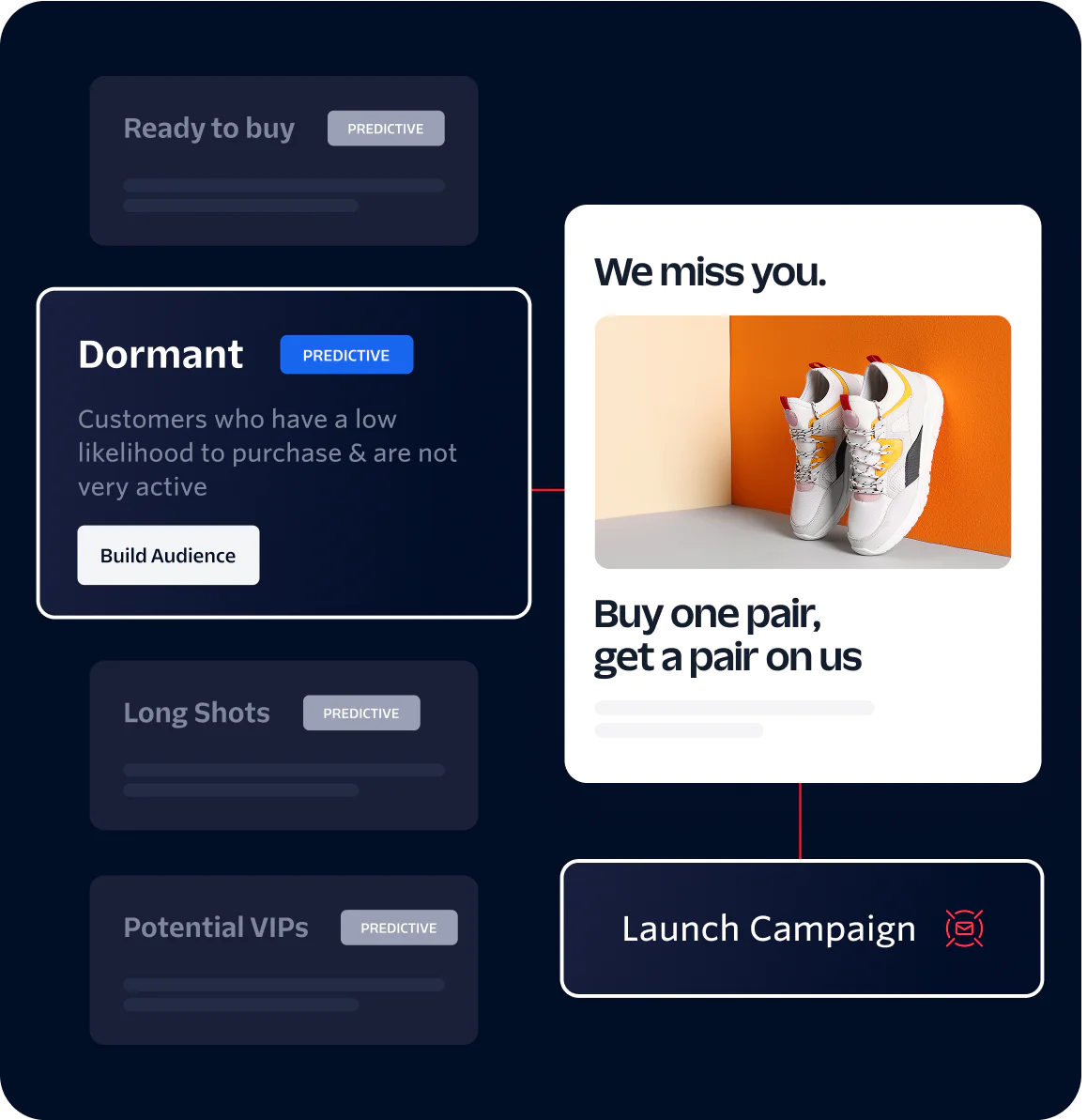 Marketing Dashboard Highlighting Dormant Customer Segment and Campaign Opportunities Marketing dashboard showing dormant customers and a campaign offering a free pair of shoes with a purchase