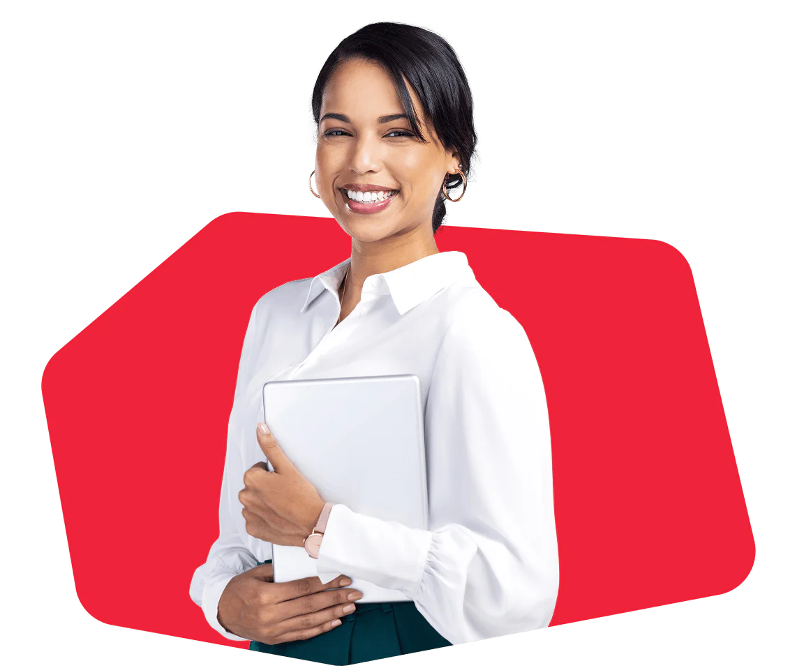 Smiling woman in white blouse holding a tablet against a red background