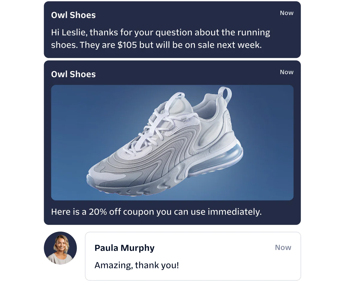 Running shoes with a 20% off coupon from Owl Shoes and a customer expressing gratitude.