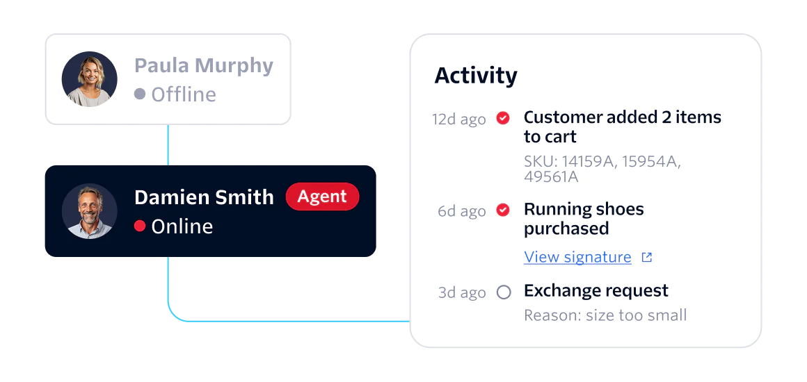 Dashboard showing two agent statuses and customer activity log with details of recent actions.