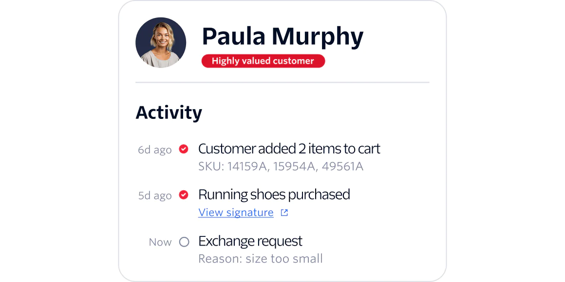 A dashboard showing Paula Murphy's recent shopping activity and her status as a highly valued customer.