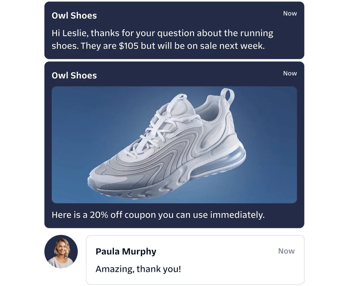 Illustration of a customer getting a message from a live rep with an incentive to complete the purchase.