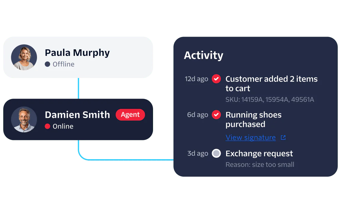 Dashboard displaying user status, recent activities, and an agent's online availability.