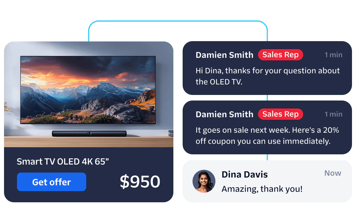 Sales rep chats with customer about a $950 Smart TV OLED 4K 65 offer.
