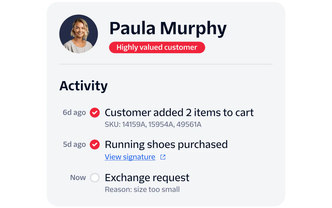 Profile of Paula Murphy showing recent shopping activities and an exchange request.