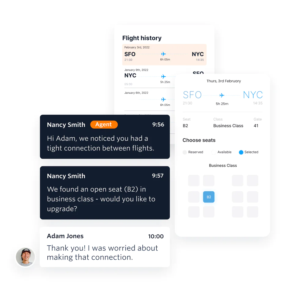 Series of messages between a passenger and an airline sales agent who is proactively offering an upgrade as an upsell