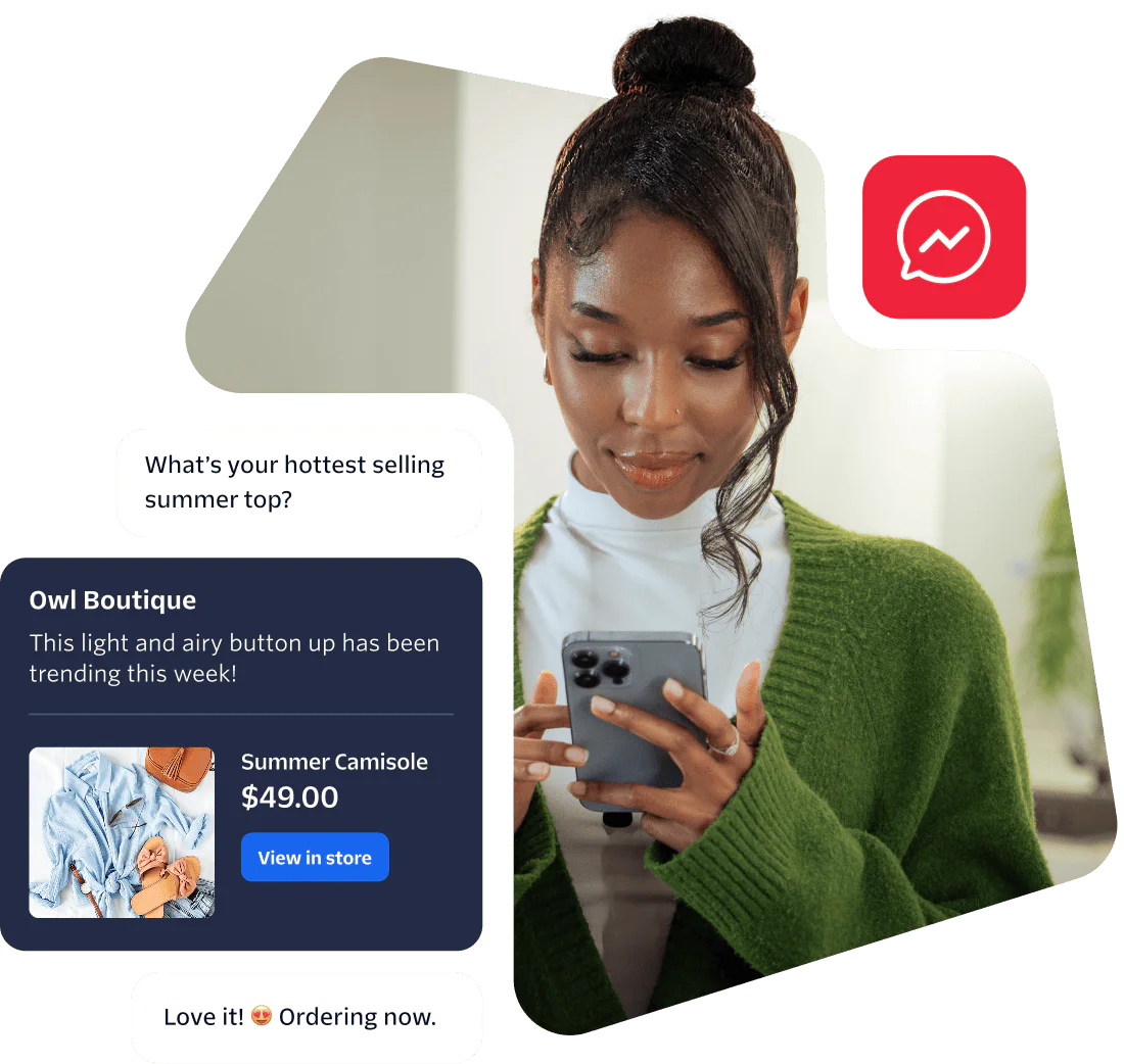 Woman wearing green cardigan browsing online store on phone with shopping messages around her.