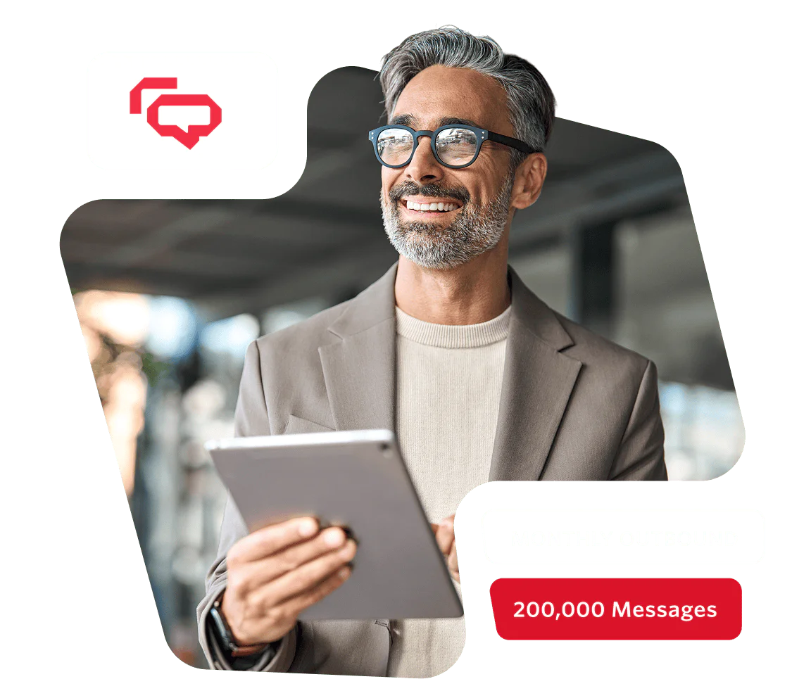 Smiling man in glasses using a tablet, speech bubble icon, text Monthly Outbound 200,000 Messages.