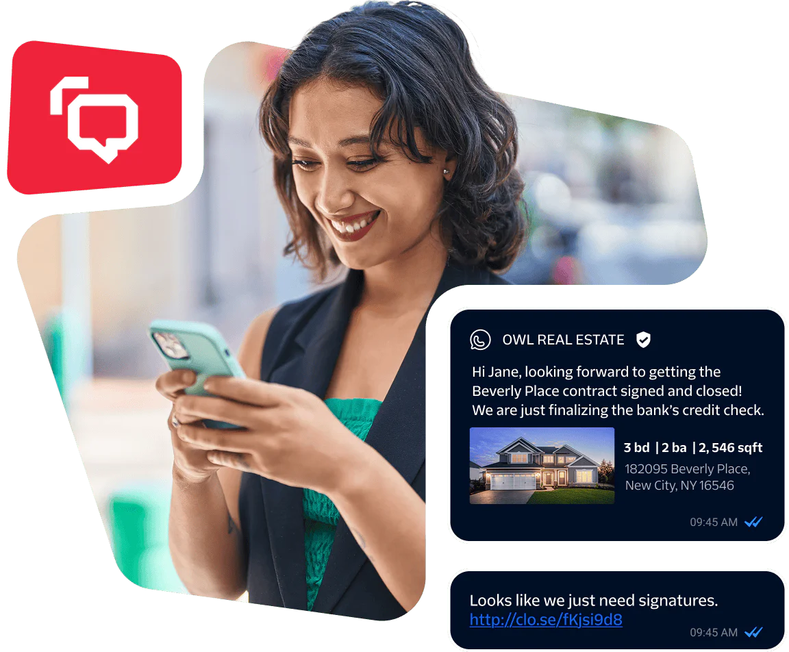 Woman smiling and texting with message about house contract being finalized and a link for signatures