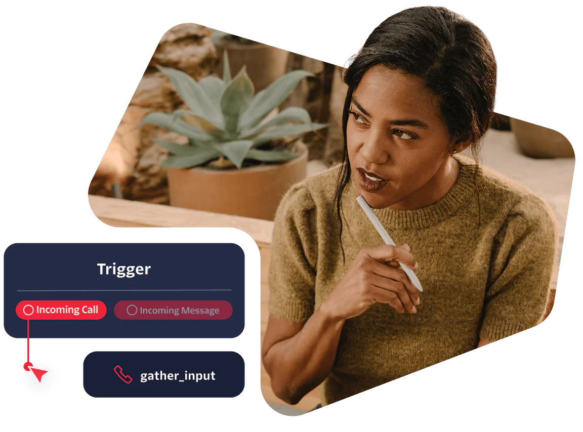 Woman holding a pen to her lips, next to a call-trigger interface showing 'Incoming Call' and 'gather_input'