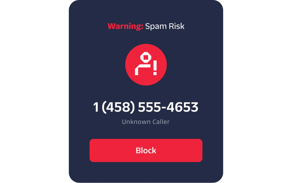 Phone screen showing an incoming call from an unknown number with a spam risk warning and block option.