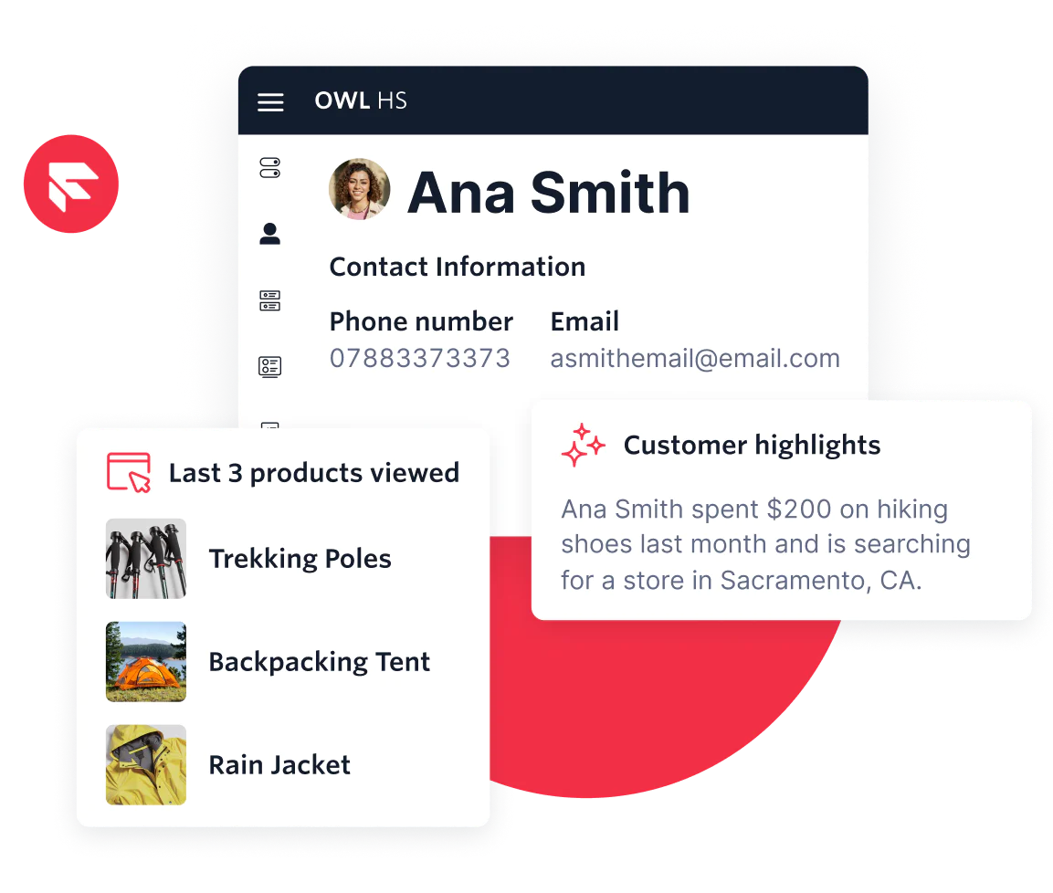 Customer profile card showing contact info, last 3 product views, and purchase highlights.